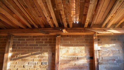 Obraz premium Unfinished wood ceiling joists with brick wall interior