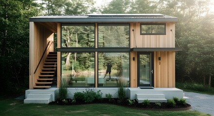 Modern Tiny House with Solar Panels and Lake View in Lush Forest
