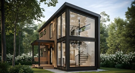 Modern Tiny House with Spiral Staircase in Lush Forest Setting