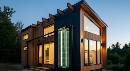Modern Tiny House with Wood and Corrugated Metal Exterior at Dusk