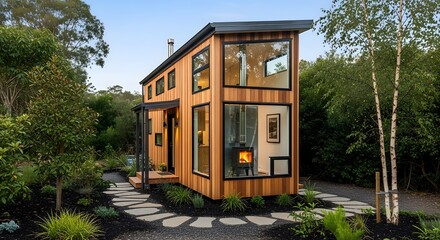 Modern Tiny House with Wood Siding and Large Windows in Lush Garden Setting