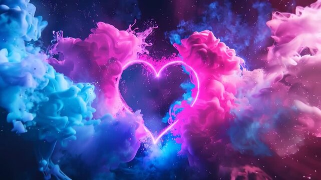 A loop video of a neon heart glowing in pink and blue, surrounded by clouds in the night sky, radiating a magical and dreamy atmosphere.