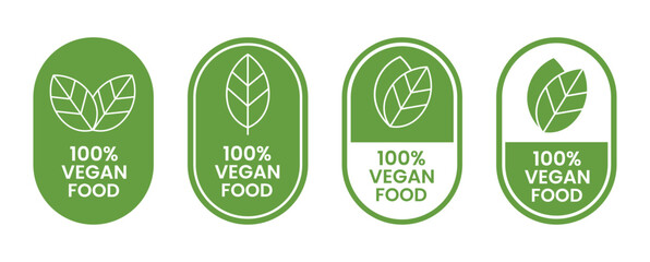 Vegan Food Icon Set with Bio, Ecology and Organic Logos, Green Leaf Badges Vector