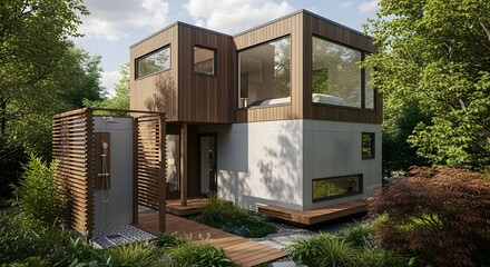 Modern Wood and Concrete House with Outdoor Shower in Lush Forest Setting