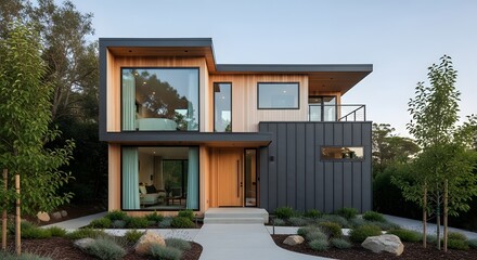 Modern Wood and Metal Residential House Exterior with Large Windows and Landscaping