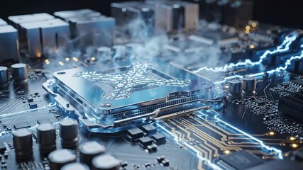 Closeup view of a glowing central processing unit on a computer motherboard illustrating advanced digital technology highspeed data transfer and the intricate world of modern computing hardware and e. - Powered by Adobe