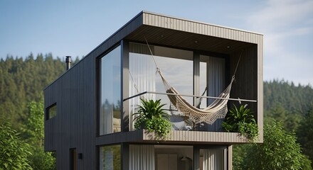 Modern Wooden House with Hammock on Balcony in Forest Setting