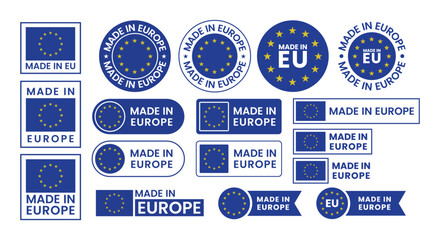 Made in Europe and European Union (EU) Flag Icon Set Vector with Badges, Banners, Circles, Stickers, Logos, Symbols, Stamps and Product Label Designs for Commerce, Business and Branding