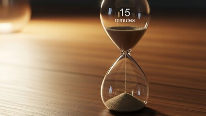 A classic hourglass timer with sand flowing, indicating a 15-minute period on a warm wooden surface. 15 minute break time.