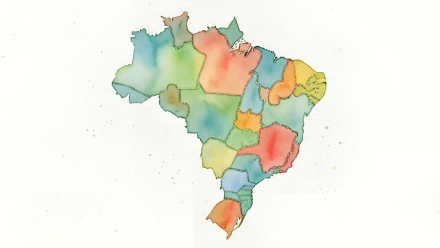 Colorful watercolor map of Brazil with highlighted regions