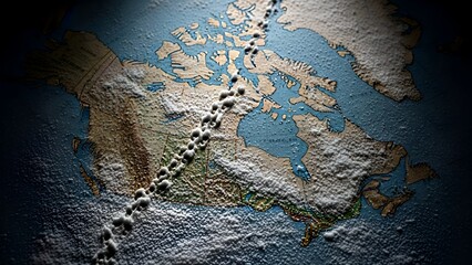 Naklejka premium Footprints across a textured map of Canada with dramatic lighting