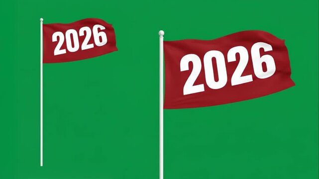 Red Flags with 2026 Numbers on Green Background - Two red flags displaying the number "2026" are set against a solid green backdrop.