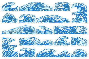 Vintage Ocean Wave Engraving Set &ndash; Retro Nautical Vector Design Elements