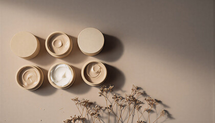 Cream jars arranged on beige surface with dried flowers beside  