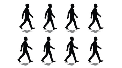Fototapeta premium Silhouette set of walking man animation sequence, side view motion sprite sheet, black male character isolated on white background for design.
