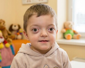 A young child with Crouzon syndrome sits in a bright room with colorful toys around. The child is smiling and facing the camera showing interest in the surroundings.