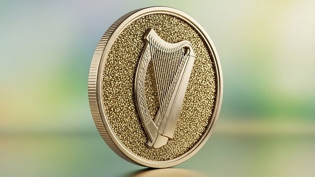 Gold coin with Irish harp emblem on textured background golden currency