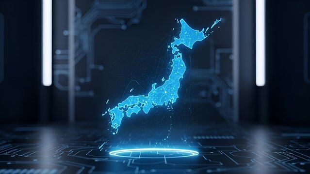 Futuristic digital hologram of Japan map with technology interface - Powered by Adobe