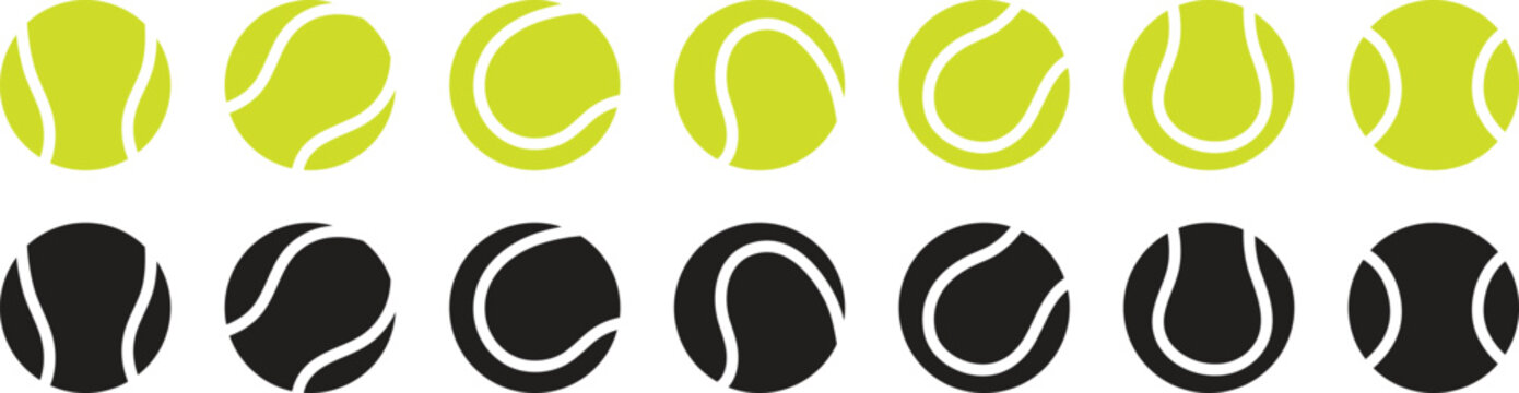 Tennis ball icon set, solid and outline versions, minimal flat style, sport equipment vector, clean graphic design elements collection