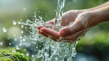 Clear, refreshing water streams gracefully into cupped hands amidst a vibrant natural setting, symbolizing purity, hydration, and the vital connection to earth's precious resources