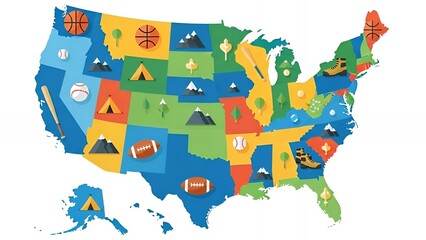 Obraz premium Colorful USA Map with Sports and Outdoor Activity Icons