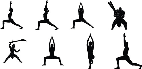 A series of yoga poses in silhouette against a white background