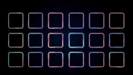 Grid of glowing neon square frames on black background for display