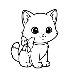Fototapeta premium Adorable cartoon cat with bow on neck isolated on white background