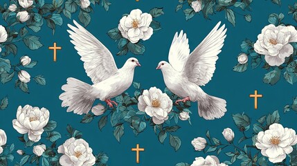 White doves with roses and golden crosses on blue background with leaves and flowers in symbolic pattern