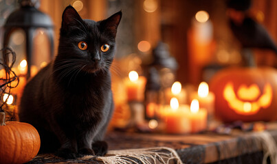 Black cat sitting on table with jack-o-lanterns and candles for Halloween celebration