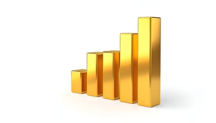 Shiny gold bar graph rising from left to right on a white background