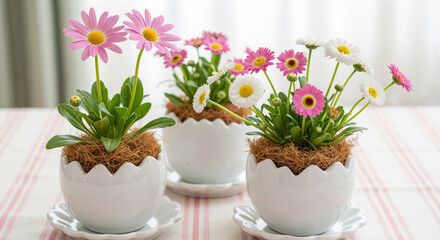 Spring Potted Daisies in Decorative Egg-Shaped Pots for Easter and Home Decor