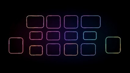 Glowing neon frame squares with colorful borders on black background