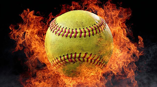 Close-up of yellow softball with red stitches engulfed in flames on black background, symbol of intensity