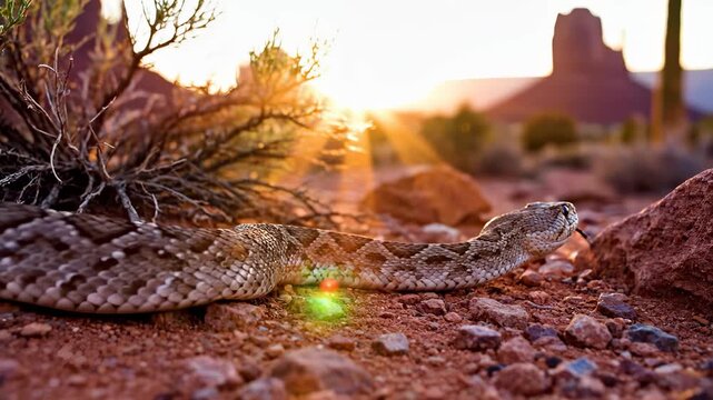 A rattlesnake lounges on the desert ground as the sun sets behind rocky formations, highlighting its textured scales. The rattlesnake blends into the earthy surroundings, embodying its habitat.