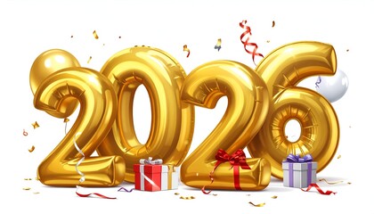 Shiny gold inflatable "2026" with confetti, gifts, and balloons against white