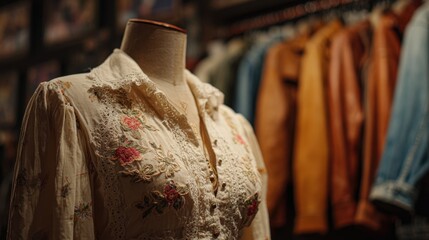 Fototapeta premium Medium shot of a 1970sinspired bohemian blouse on a mannequin with lace and floral details in sharp focus while a blurred wall of vintage jackets fades in the background.