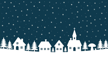 Obraz premium A delightful winter village with white houses, church, and pine trees silhouetted against a dark blue snowfall