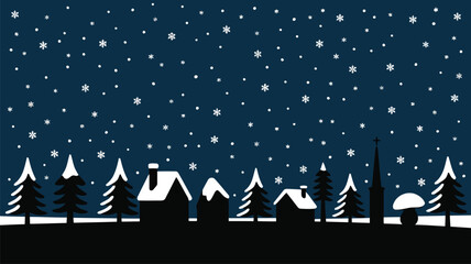 A festive winter village silhouette featuring houses, trees, and a church steeple under a starry snowy sky