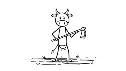 Obraz premium Stick Figure Cow Holding a Hoe in a Field.