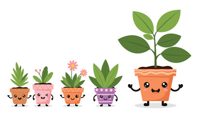 Cute cartoon illustration of the stages of plant growth with five happy potted plants of increasing size and maturity.