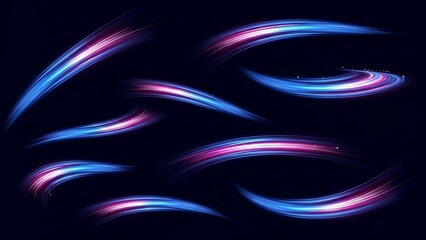 Blue and pink neon light trails and motion blur effects collection