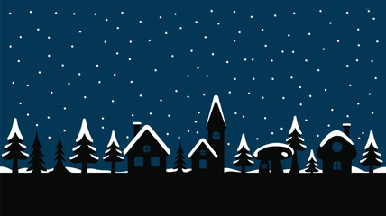 A picturesque village silhouette featuring houses, trees, and a tall tower against a dark snowy sky