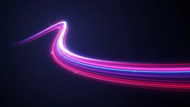 Abstract neon glowing wavy light trails on dark blue background art - Powered by Adobe