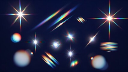 Set of colorful lens flares and light effects on a dark background