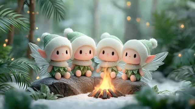 Cute Little Elves Christmas Winter Campfire Cozy Moment