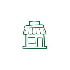 A green, simple storefront illustration with an awning and door on white