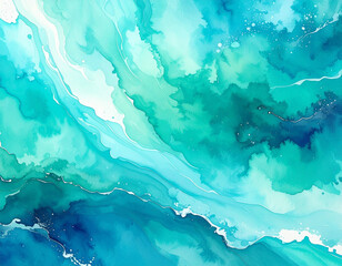 Abstract oceanic watercolor art with soothing blues and greens