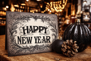 Decorated badge with happy new year wishes in vintage style on a festive background with pine cone and christmas ball