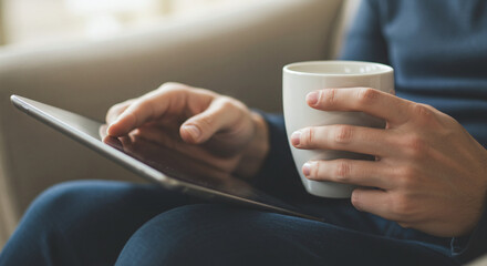 A person holds a coffee mug while using a tablet computer for work or leisure. Concept of a modern, mobile lifestyle.